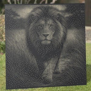 May include: A square black panel featuring a pointillist-style portrait of a lion. The image is composed of numerous small, light-colored dots against a solid black background, creating a high-contrast depiction of the lion's face and mane.