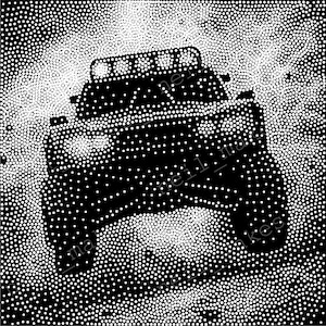 Può includere: Illustrazione in bianco e nero di un'auto, probabilmente un camion o un SUV, vista frontalmente, realizzata con la tecnica del puntinismo. I punti bianchi creano i riflessi, mentre lo sfondo nero definisce la forma del veicolo.