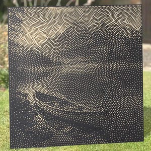 May include: A square black canvas featuring a pointillist design created with numerous small gold dots. The arrangement of these dots forms a landscape scene with a dark foreground and a lighter, textured sky, utilizing negative space.
