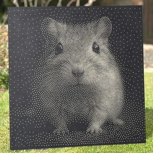 May include: A square black panel featuring a pointillist illustration of a hamster created with numerous small white dots. The artwork uses varying densities of these white dots against the solid black background to form the shape of the animal.
