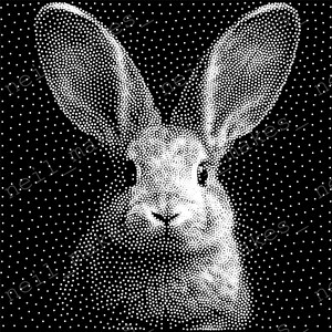 May include: A black and white graphic design featuring a rabbit head created with a stippling dot pattern. The rabbit has long, upright ears and is centered against a black background filled with small white dots. The text neil_makes is visible.