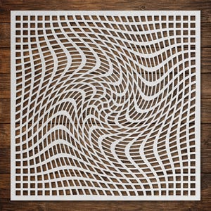 May include: A square white stencil featuring a repeating grid pattern that distorts toward the center, creating a swirling optical illusion effect. The stencil is composed of thin white lines forming small square cutouts across the entire surface.