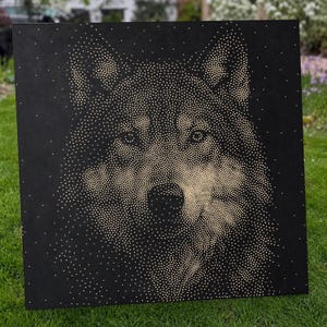 May include: A square black canvas featuring a pointillist portrait of a wolf. The image is composed of numerous small, light-colored dots that vary in density to create the facial features, eyes, ears, and fur texture of the wolf against the dark background.