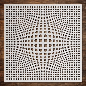 Könnte beinhalten: Eine quadratische weiße Schablone mit einem sich wiederholenden Gitter aus kreisförmigen Ausschnitten. Die Kreise variieren in der Größe und erzeugen einen visuellen Effekt einer zentralen konvexen Wölbung. Die Schablone liegt flach.