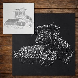 May include: A square stencil featuring a dotted outline of a road roller construction vehicle. The design is presented in two versions: a white stencil with black dots and a black square with white dots, both depicting the same heavy machinery.