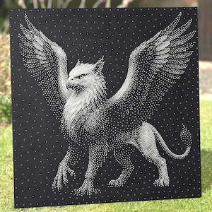 May include: A square black panel featuring a pointillist illustration of a griffin created with white dots. The mythical creature is depicted in profile with large wings spread, a sharp beak, and a long tail, all rendered through a dense pattern of white dots against the solid black background.