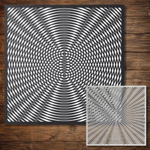 May include: A square stencil featuring a complex geometric pattern of overlapping concentric circles and intersecting lines. The design creates a moiré effect with high-contrast black lines on a white background, presented alongside a metallic version.