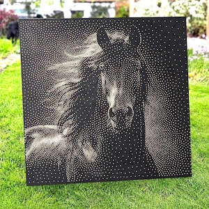 May include: A square black panel featuring a pointillist-style horse portrait created with numerous small, light-colored dots. The dots vary in density to form the horse's head, mane, and neck against the solid dark background, creating a high-contrast image.