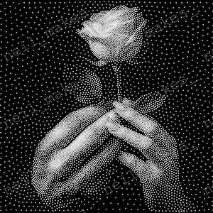 May include: A black and white dot-patterned illustration of a rose held by two hands. The image is a close-up, with the rose and hands rendered in white dots against a black background. The artist's name, "neil_makes", is repeated around the image.