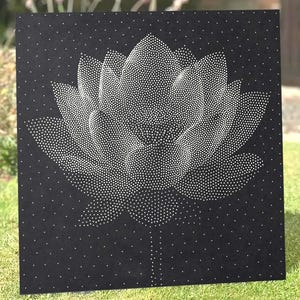 May include: A square black panel featuring a white dot-matrix illustration of a lotus flower. The design is composed of numerous small white dots arranged to form the petals and stem of the flower, set against a solid black background.