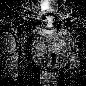 May include: A black and white dot pattern illustration featuring a padlock with a keyhole, a door handle, and a door hinge. The image is a close-up, with the details created by white dots on a black background.