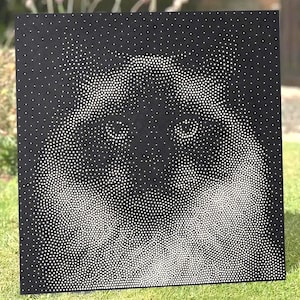 May include: A square black panel featuring a stippled portrait of a cat created with numerous white dots of varying sizes. The density of the white dots forms the facial features, eyes, and fur texture of the feline against the solid black background.