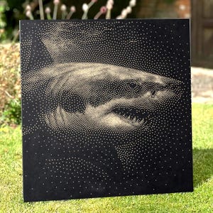 May include: A square black canvas featuring a shark illustration created with a stippling technique using numerous small white dots. The dots vary in density to form the detailed shape of the shark, including its fins, eye, and open mouth.