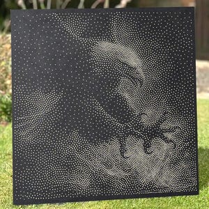 May include: A square black panel featuring a pointillist design created with numerous small white dots. The arrangement of these dots forms a recognizable image of a hand reaching out, with the density of the dots varying to create light and shadow.