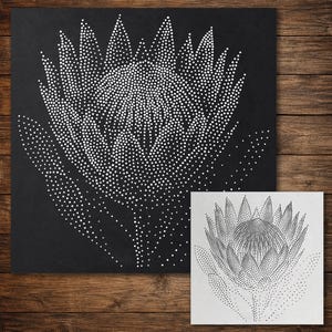 May include: A square black panel featuring a large white dot-art illustration of a protea flower. A smaller white square stencil showing the same protea design in black dots is positioned in the bottom right corner of the main black panel.
