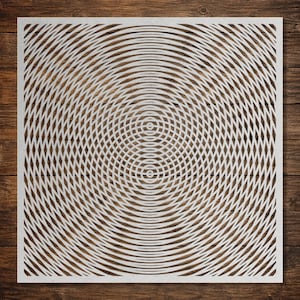 Könnte beinhalten: Eine quadratische weiße Schablone mit einem geometrischen Muster aus zwei überlappenden kreisförmigen Moiré-Designs. Das komplexe Ausschnittmotiv besteht aus zahlreichen dünnen, konzentrischen Ringen, die einen visuellen Effekt erzeugen.