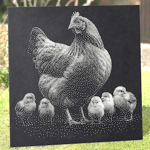 May include: A square black wall art piece featuring a pointillist illustration of a hen standing with five small chicks. The image is composed entirely of white dots against a solid black background, creating a high-contrast graphic design.