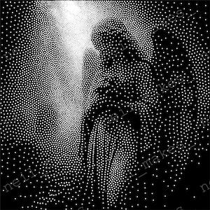 May include: Abstract black and white digital art piece. The image is composed of numerous white dots against a black background, creating a textured, gradient effect. The dots are densely packed in some areas, fading to sparse in others.
