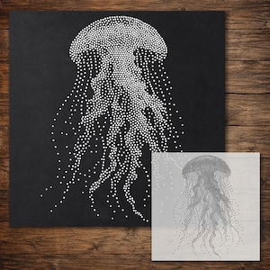 May include: A square black panel featuring a white jellyfish graphic composed of numerous small dots. Beside it, a translucent stencil sheet displays the same jellyfish design in black, showing the cutouts used to create the dotted pattern.