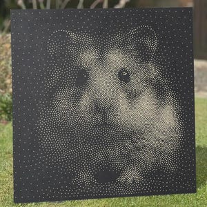 May include: A square black panel featuring a stippled pointillism artwork created with numerous small white dots. The arrangement of these dots forms the distinct, recognizable face of a raccoon, with lighter areas highlighting the eyes and snout.