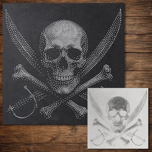 May include: A square stencil featuring a dotted pirate skull and crossbones design with two crossed swords. The design is composed of small white dots arranged to form the shape of a skull, two bones, and two swords on a dark background.