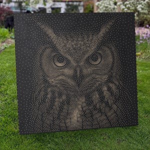 May include: A square black panel featuring a stippled design of an owl face created with numerous small gold dots. The dots are densely arranged to form the detailed eyes, beak, and feathers of the owl against the solid dark background.