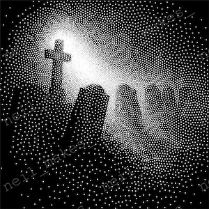 May include: A black and white dot pattern illustration featuring a cross and several tombstones. The cross is in the center, with a bright light emanating from behind it. The tombstones are in the foreground, with a dark background.