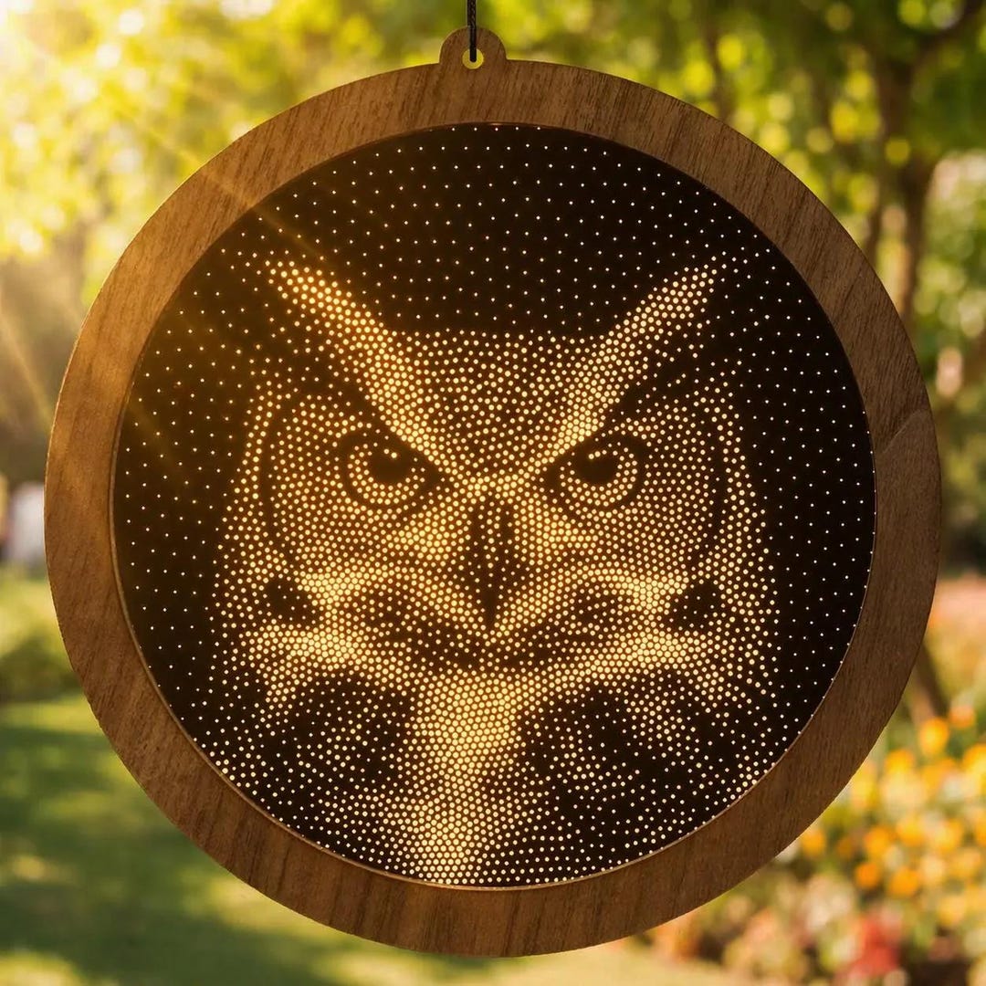 Stipple Window Owl Suncatcher, Modern Stipple Art Mirror & Walnut Window Hanging - Etsy