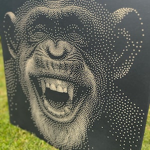 Può includere: Un'opera d'arte su tela nera raffigurante un ritratto dettagliato, in stile pointilliste, del volto di uno scimpanzé. Lo scimpanzé è raffigurato con la bocca aperta, che rivela i denti, ed è reso in piccoli punti di colore chiaro su uno sfondo scuro.