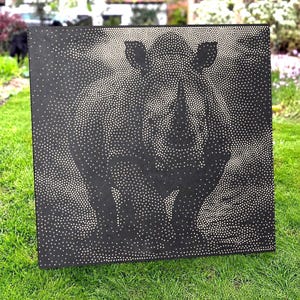 May include: A square black panel featuring a pointillist illustration of a rhinoceros created with numerous small white dots. The dots vary in density to form the shape, head, and body of the animal against the solid dark background surface.