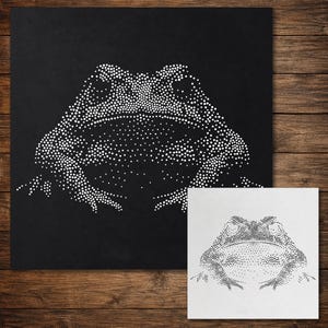 May include: A square black panel featuring a white stippled frog illustration created with small dots. A smaller white square card with a black stippled frog illustration is positioned in the bottom right corner of the larger black panel.