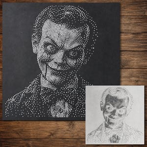 May include: A square black panel featuring a white stippled portrait of a ventriloquist dummy with a bowtie, created using a dot-matrix style. A smaller, matching white square stencil with black dots is positioned in the lower right corner.