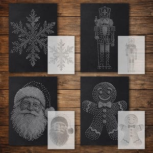 May include: A set of four black rectangular templates featuring white dot-matrix designs of a snowflake, a nutcracker, a Santa Claus face, and a gingerbread man, accompanied by four smaller translucent stencils showing the same holiday patterns.
