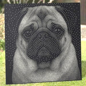 May include: A square black canvas featuring a pointillist portrait of a pug dog. The image is constructed entirely from numerous small white dots of varying density, which collectively form the distinct facial features and wrinkles of the pug.