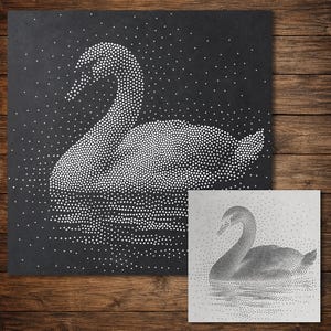 Può includere: Un pannello quadrato nero con un'illustrazione a matrice di punti bianchi di un cigno che nuota, con un pannello quadrato bianco più piccolo che mostra lo stesso disegno del cigno in punti neri, entrambi con un effetto punteggiato.
