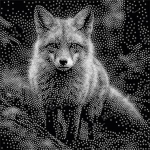 Puede incluir: Ilustración en blanco y negro de un zorro con arte de puntos. El zorro está representado en posición sentada, con la cabeza y el cuerpo mirando hacia adelante. La imagen se crea con pequeños puntos blancos sobre un fondo negro.