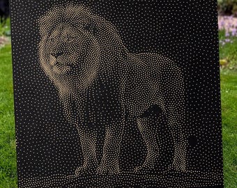 Imagen vectorial de arte punteado de león para fresadora CNC. Descarga del archivo del proyecto (archivos svg, dxf y png).