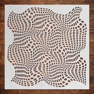 May include: A square white stencil featuring a repeating grid pattern that appears distorted with wavy, undulating lines. The design consists of numerous small, open square cutouts arranged in a flowing, warped formation across the entire surface.