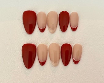 Rote französische Spitze Press On Nails: Elegante Mandel-Beige handgefertigte falsche Nägel