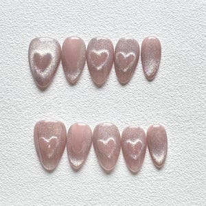 Cute Pink Heart Cat Eye Press on Nails, Lovely Short Almond Fake Nails, Simple Handmade Nails Luxury, Gifts for Her, Reusable Premium Nails