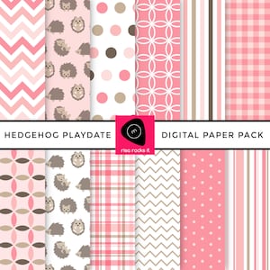 May include: Digital paper pack with 10 different patterns featuring pink and brown colors. The patterns include polka dots, stripes, plaid, chevron, and a hedgehog design. The text "Hedgehog Playdate" and "Digital Paper Pack" is included in the image.