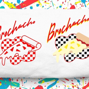 May include: White t-shirt with a red and black chequered design and the text "Brochacho" in red. The design features a slice of pizza with red sauce and cheese.