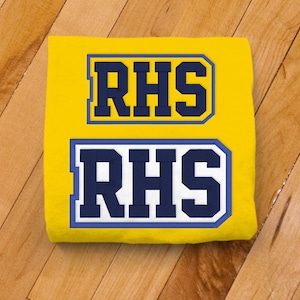 May include: Yellow t-shirt with two blue and white patches that say "RHS" on them.