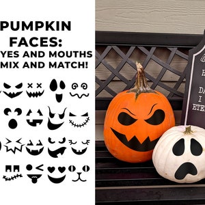 May include: A set of 20 pumpkin face stencils, including eyes and mouths, for decorating pumpkins. The stencils are black and white and are shown on a white background. The text "PUMPKIN FACES: 20 EYES AND MOUTHS TO MIX AND MATCH!" is at the top of the image.