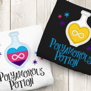 May include: Two white t-shirts with a black and white graphic of a potion bottle with a heart-shaped container filled with a pink, blue, and purple liquid with an infinity symbol inside. The text "Polyamorous Potion" is below the bottle. One shirt is black with a yellow potion bottle with an infinity symbol inside.