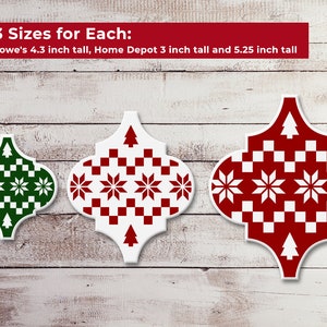 May include: Three ceramic Christmas ornaments with a Scandinavian-inspired design. The ornaments are white with red and green geometric patterns. The ornaments are available in three sizes: 4.3 inches, 3 inches, and 5.25 inches tall.