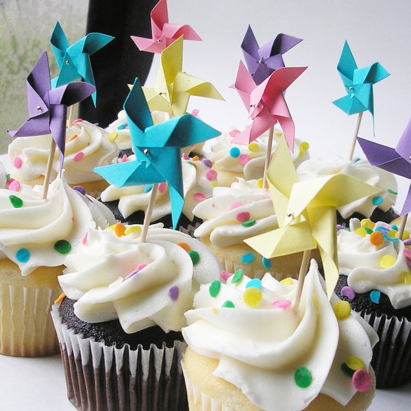Mini Pinwheel Cupcake Toppers in Pastel Brights - Set of 12 - Spinnable