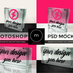 May include: A mockup of four glass blocks with the text "Your design goes here" on each block. The blocks are on a white surface with a pink and black background. The text "PHOTOSHOP" and "PSD MOCKUP" are at the bottom of the image.