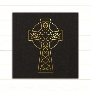May include: A gold Celtic cross with intricate knotwork design on a black background.
