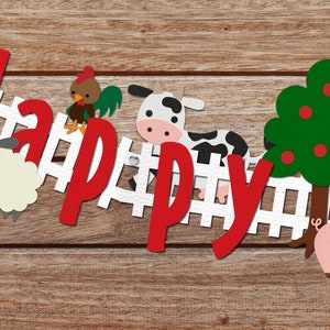 May include: Red and white paper banner with the word "Happy" in red letters. The banner is decorated with farm animals, including a sheep, a cow, a rooster, a pig, and a green tree with red apples.
